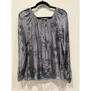 LE MARAIS Paris blue-gray‎ 100% silk long sleeve blouse w floral Small C0525
